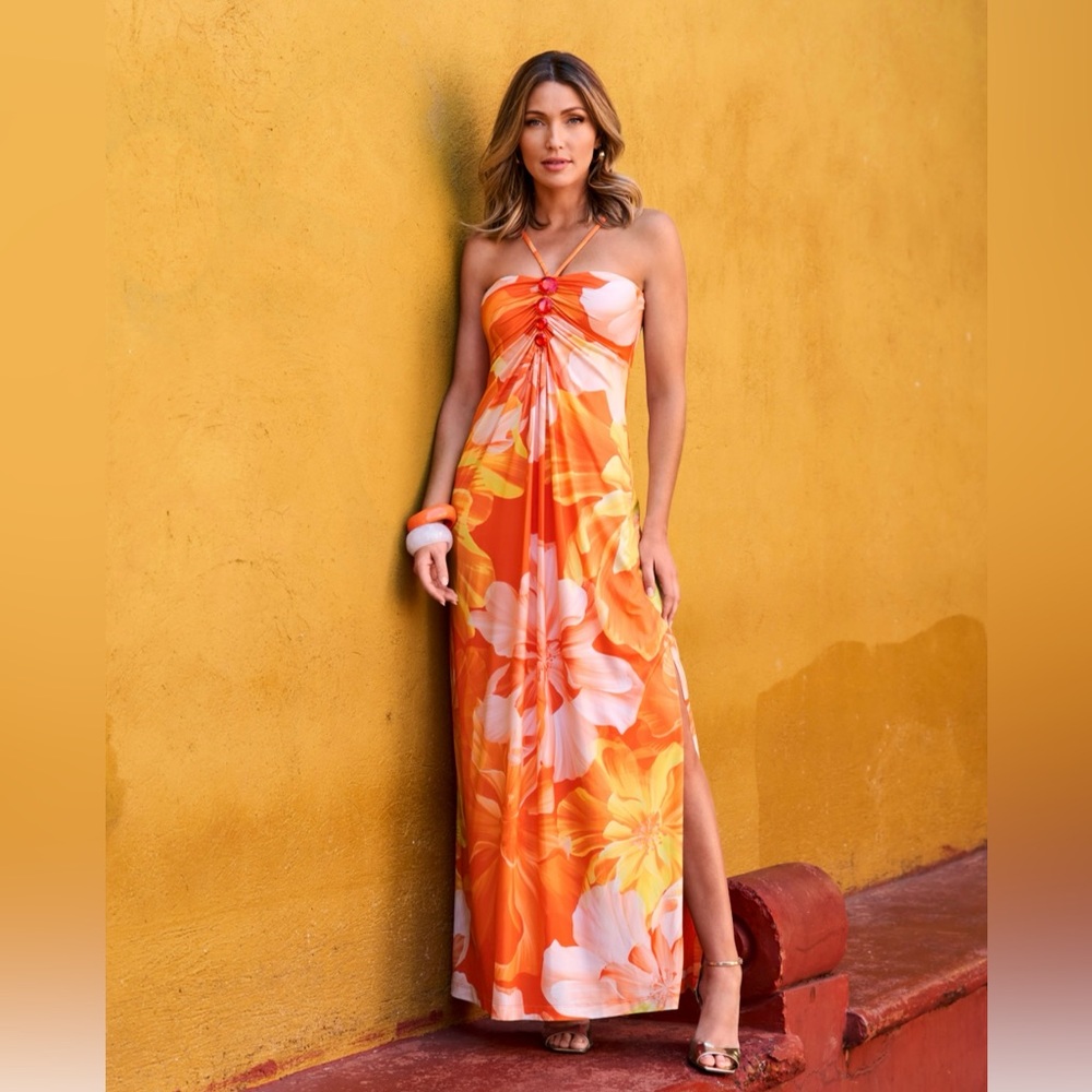 Boston Proper floral gem detail halter maxi dress